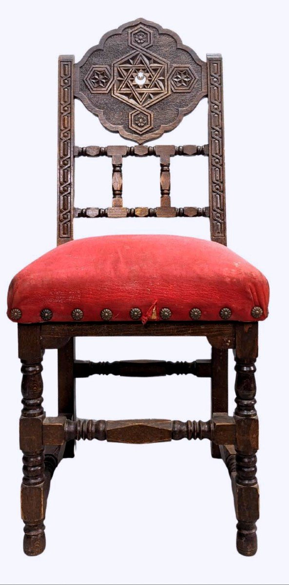 6  Chaises Orientales  Algérie 1900 Incrustations De Nacre Et d'étain  Dessus Velours Rouge