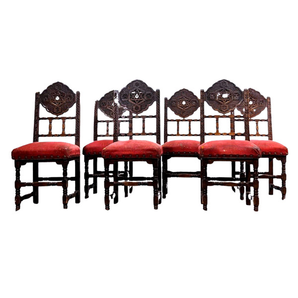 6  Chaises Orientales  Algérie 1900 Incrustations De Nacre Et d'étain  Dessus Velours Rouge
