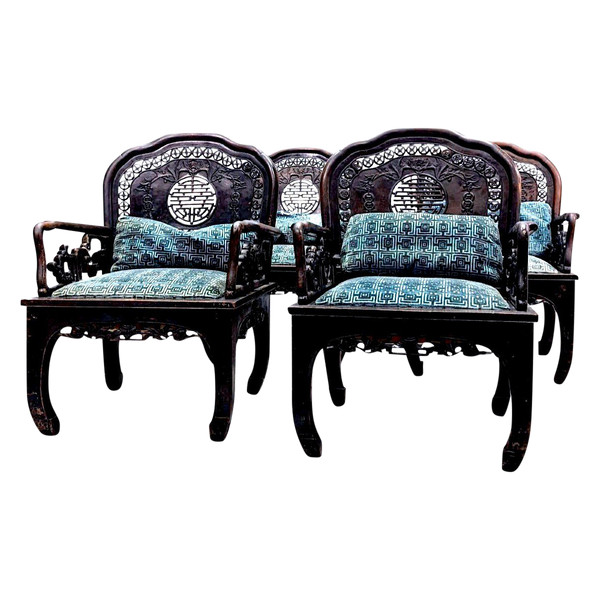 Salon Indochinois 1900 En Bois Exotique à Décor De Chauve Souris