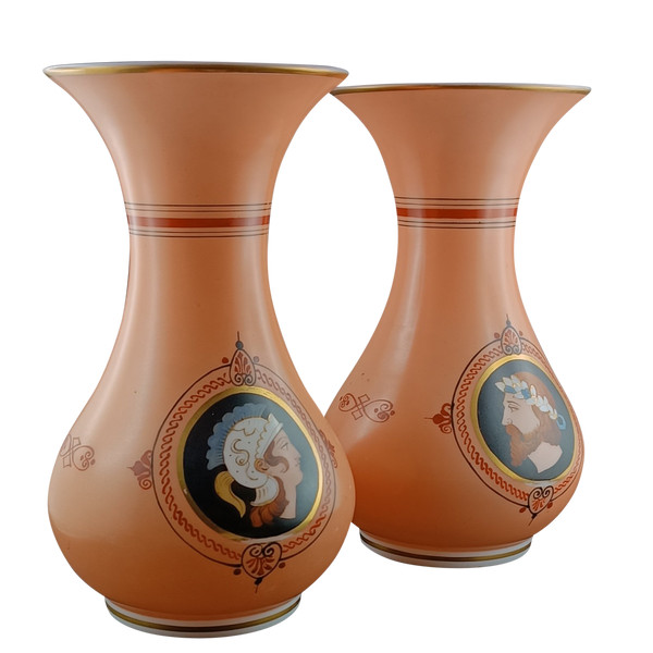 pair of opaline vases with antique decor 19th century