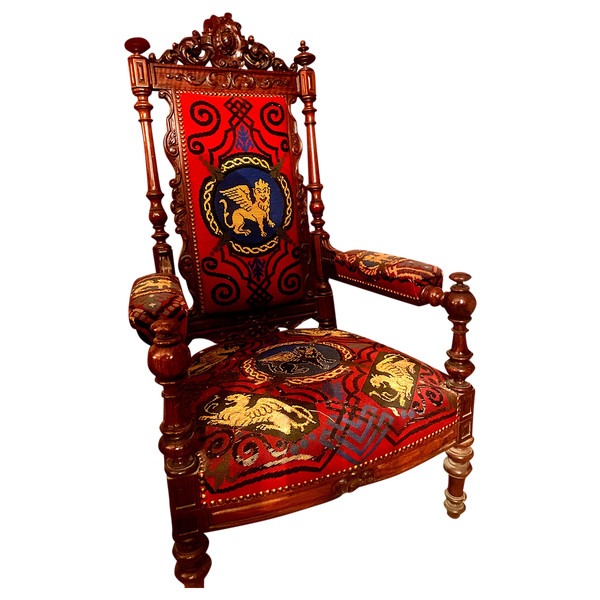 Wichtiger Sessel Napoleon III im Renaissance-Stil aus Palisanderholz, bezogen mit einer Tapisserie mit kleinen Punkten.