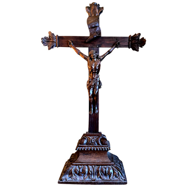 Large carved oak crucifix with patina 17th century regional folk art work