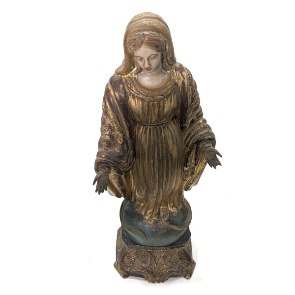 Sculpture Of The Virgin In 19th Century Gold-Gilded Terracotta