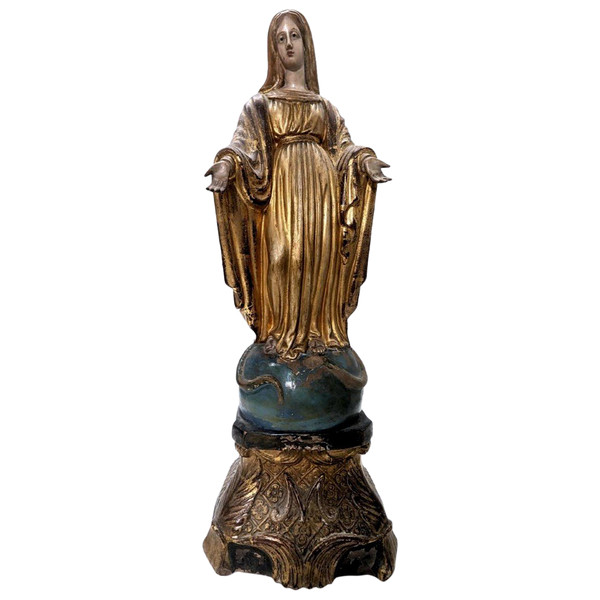 Sculpture Of The Virgin In 19th Century Gold-Gilded Terracotta
