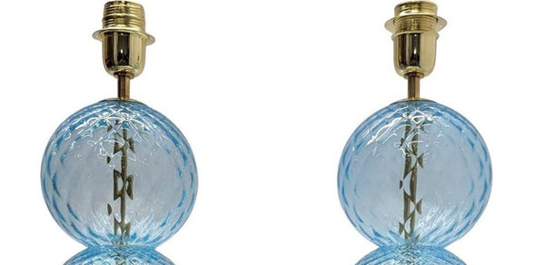 Pair Of Colorful Murano Blown Glass Lamps With 3 Balls