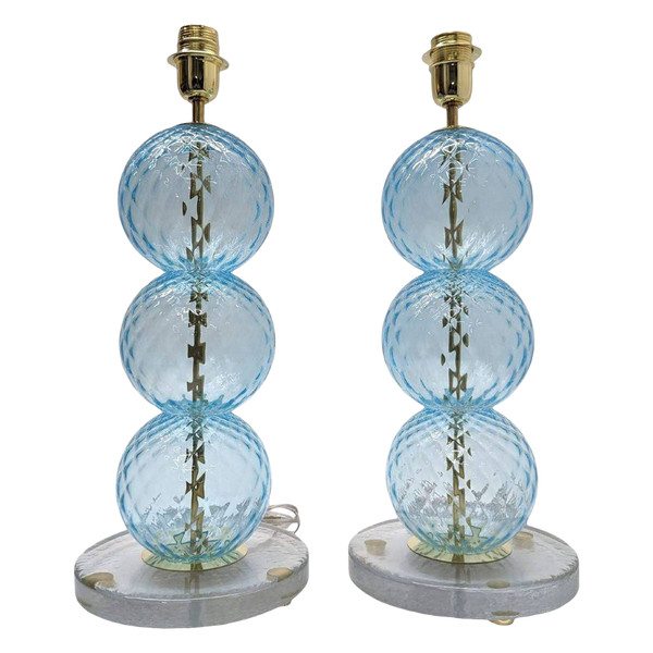 Pair Of Colorful Murano Blown Glass Lamps With 3 Balls