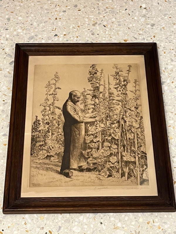 François Maréchal (1861-1945) , Eau Forte,le Vieux Jardinier