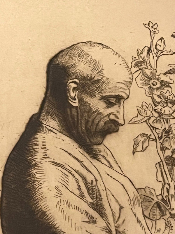 François Maréchal (1861-1945) , Eau Forte,le Vieux Jardinier
