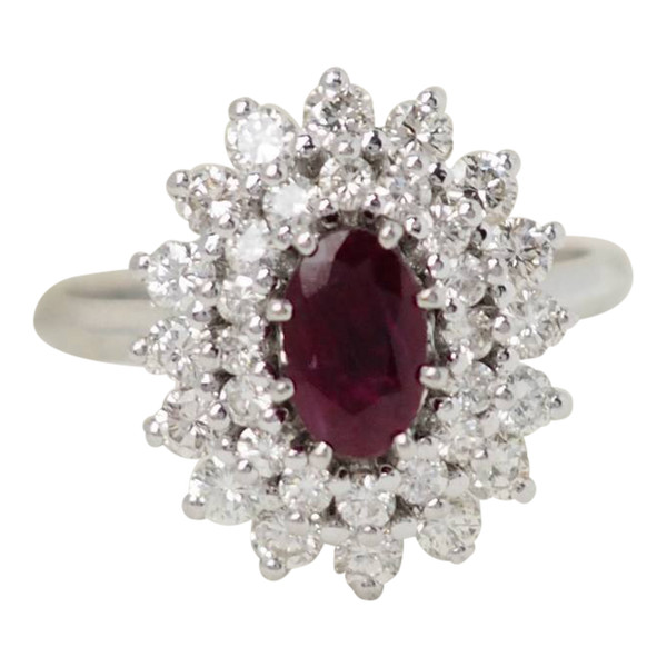 Double-encircled ring in white gold, rubies and diamonds