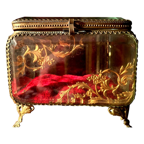 Large Napoleon III period beveled crystal jewelry box with chased bronze frame on all sides.