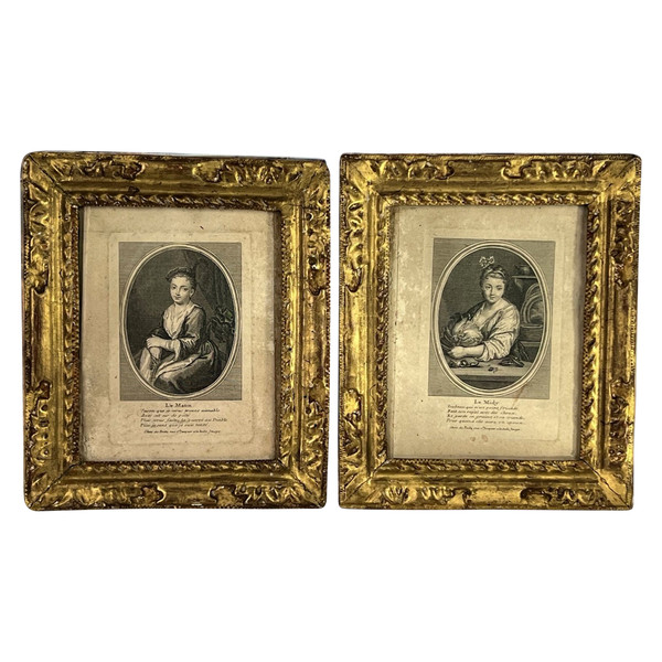 PAIRE DE CADRES 17e EPOQUE LOUIS XVIII AVEC GRAVURES EN BOIS SCULPTÉ DORÉ