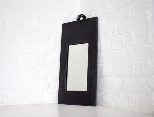 Jacques Adnet Style Leather Mirror.