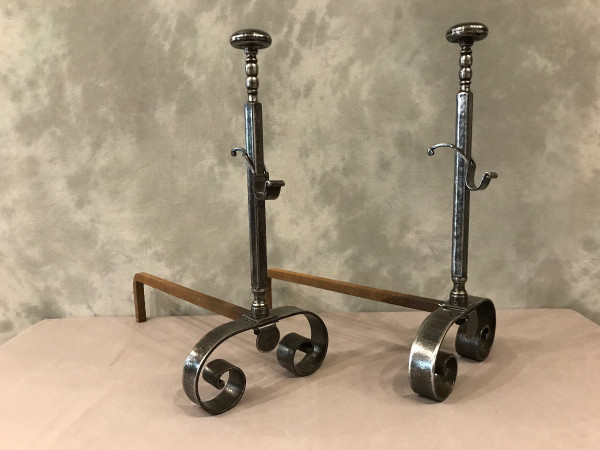 Pair of 19th century polished iron andirons