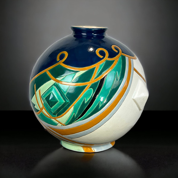 LARGE LONGWY EARTHENWARE GLOBULAR VASE "TRIANON MODEL" ART DECO STYLE