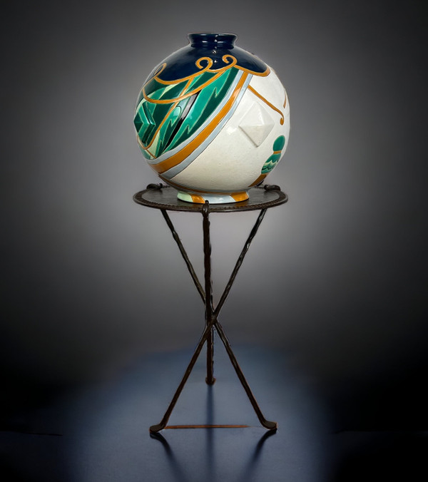 LARGE LONGWY EARTHENWARE GLOBULAR VASE "TRIANON MODEL" ART DECO STYLE