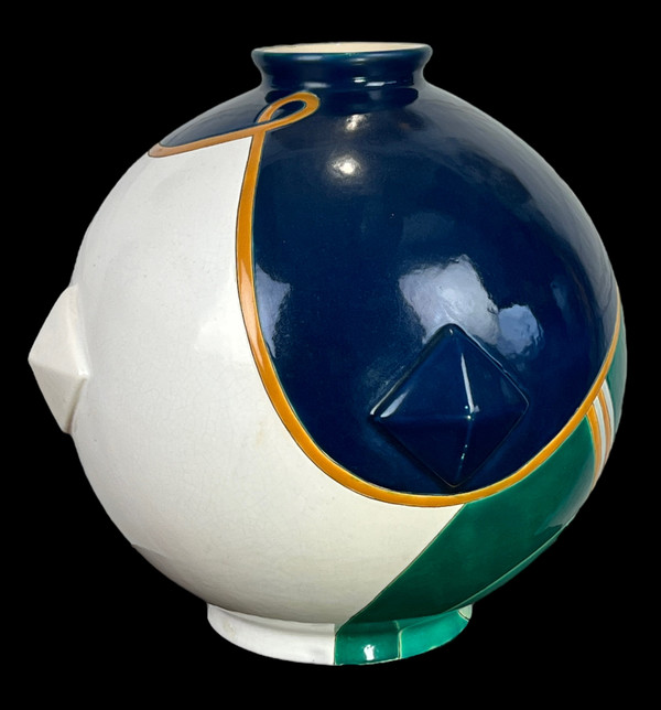 LARGE LONGWY EARTHENWARE GLOBULAR VASE "TRIANON MODEL" ART DECO STYLE