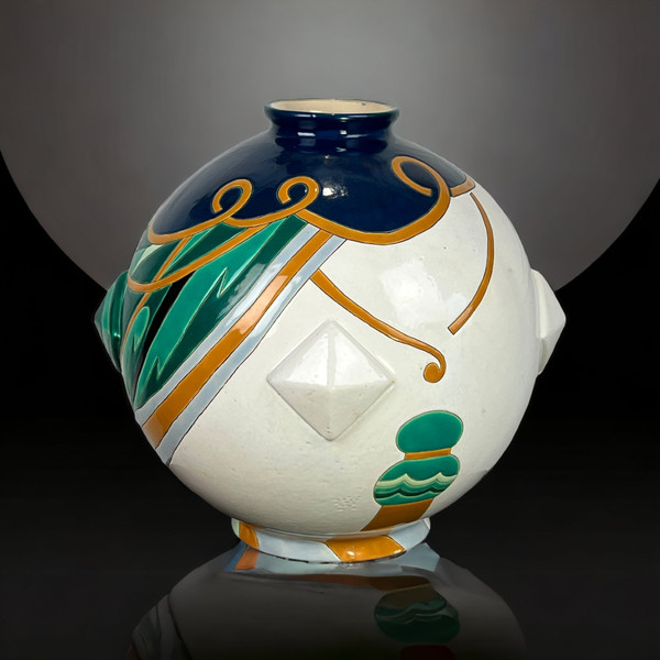 LARGE LONGWY EARTHENWARE GLOBULAR VASE "TRIANON MODEL" ART DECO STYLE