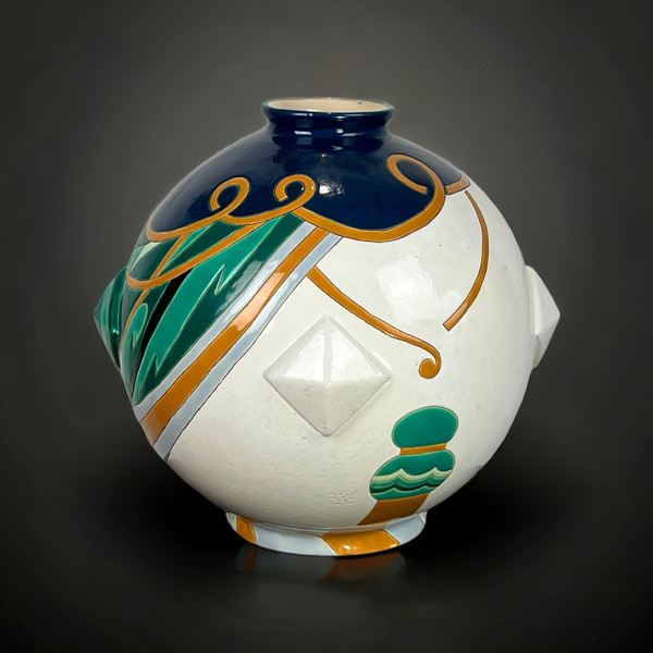 LARGE LONGWY EARTHENWARE GLOBULAR VASE "TRIANON MODEL" ART DECO STYLE
