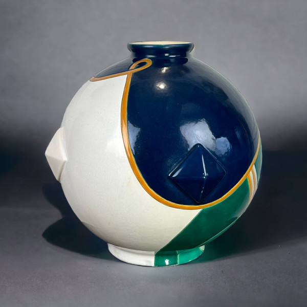 LARGE LONGWY EARTHENWARE GLOBULAR VASE "TRIANON MODEL" ART DECO STYLE