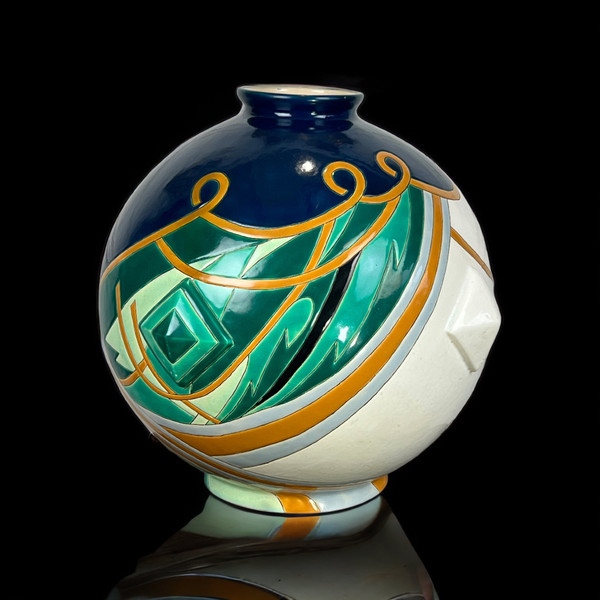 LARGE LONGWY EARTHENWARE GLOBULAR VASE "TRIANON MODEL" ART DECO STYLE