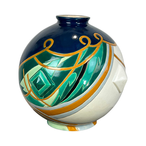 LARGE LONGWY EARTHENWARE GLOBULAR VASE "TRIANON MODEL" ART DECO STYLE