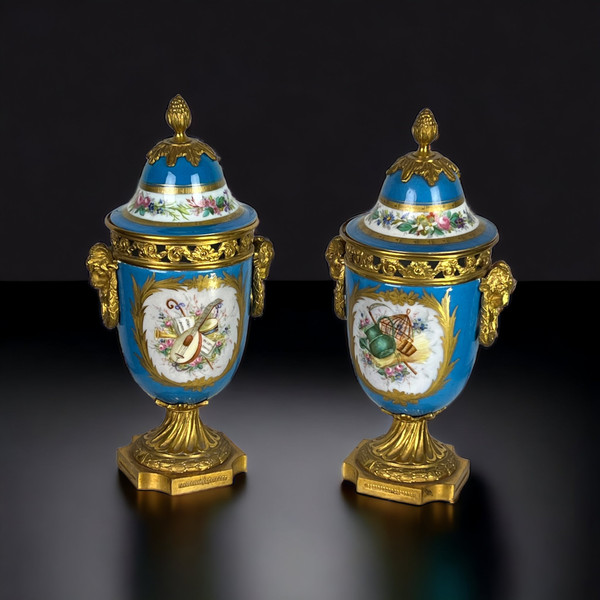 PAIR OF COVERED POTS IN SÈVRES PORCELAIN DECORATED WITH GILT BRONZE NAPOLEON III