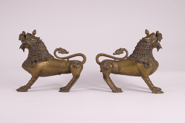 Pair Of Bronze Nepalese Singha Temple Guardian Lions