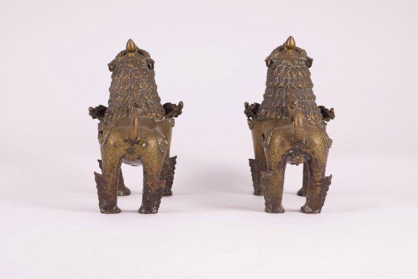 Pair Of Bronze Nepalese Singha Temple Guardian Lions