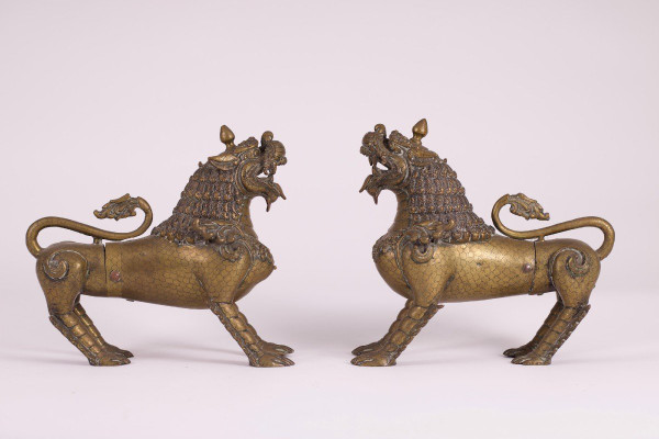 Pair Of Bronze Nepalese Singha Temple Guardian Lions