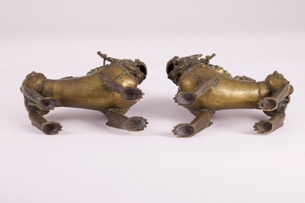 Pair Of Bronze Nepalese Singha Temple Guardian Lions
