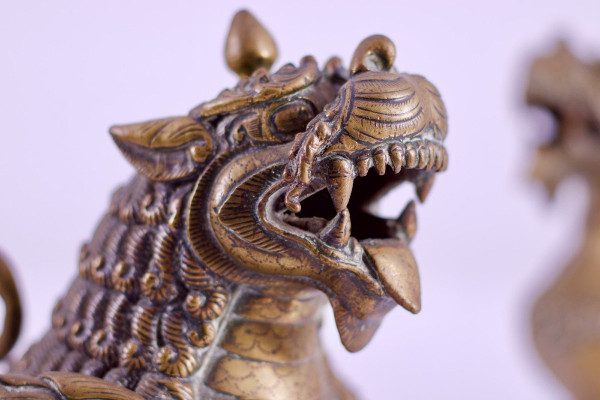 Pair Of Bronze Nepalese Singha Temple Guardian Lions