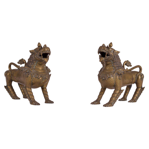 Pair Of Bronze Nepalese Singha Temple Guardian Lions