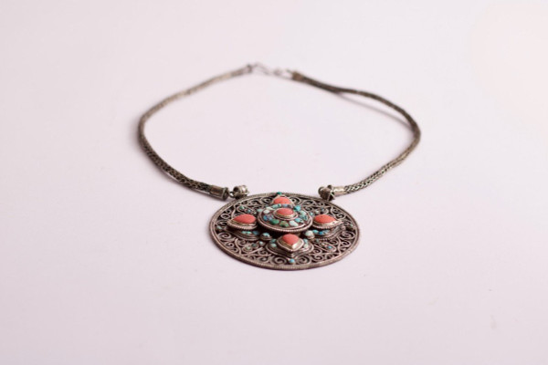 Tibetan Amulet Pendant Silver Coral Turquoise
