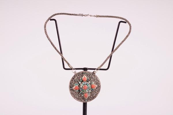 Tibetan Amulet Pendant Silver Coral Turquoise