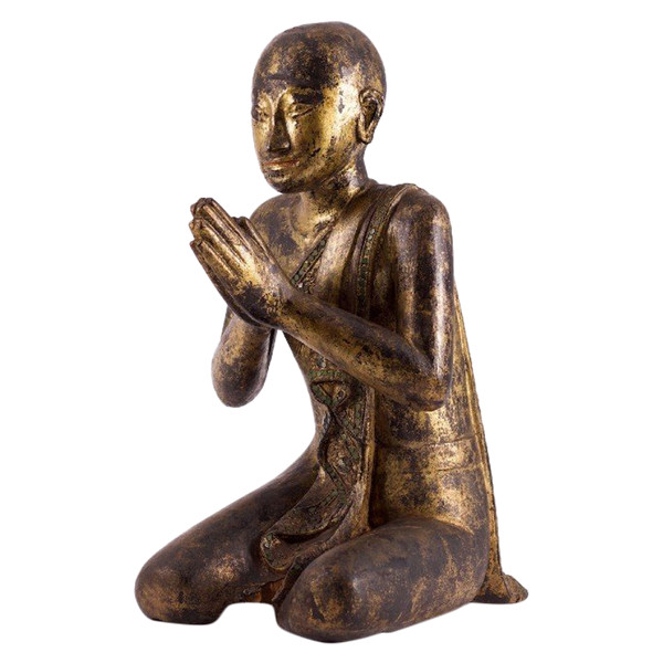 Moine Bouddhiste En Bois Doré Birmanie Mandalay