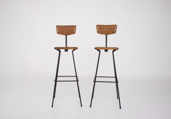 Coppia di sgabelli in rattan modernisti Erwin Behr