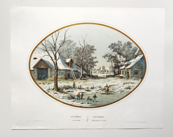 Winter Landscape December Watercolored Lithograph 19th C Old Print