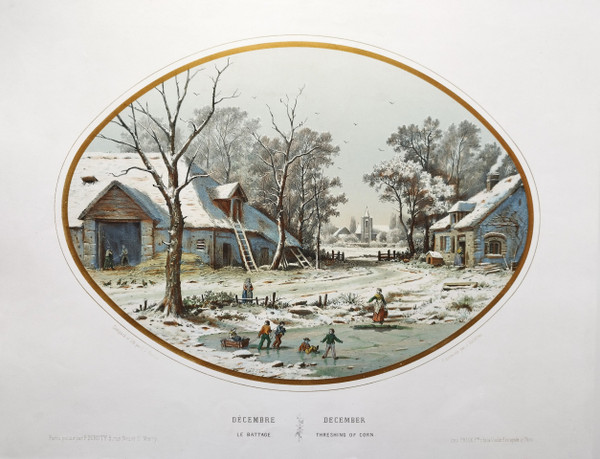 Winter Landscape December Watercolored Lithograph 19th C Old Print