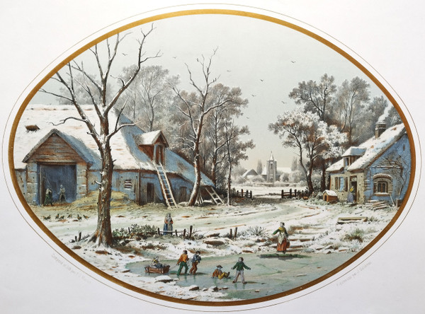 Winter Landscape December Watercolored Lithograph 19th C Old Print