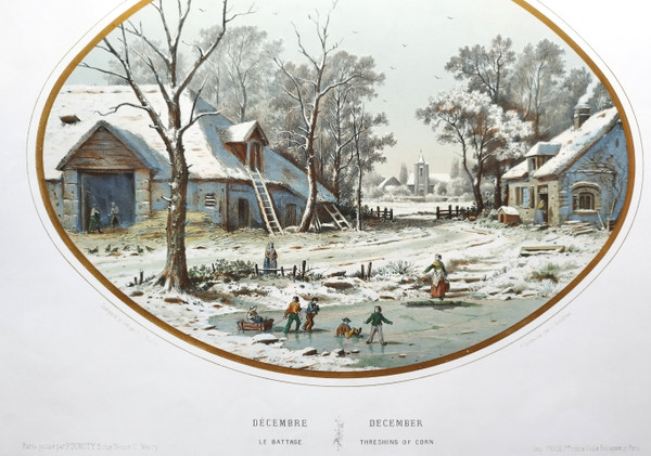 Winter Landscape December Watercolored Lithograph 19th C Old Print