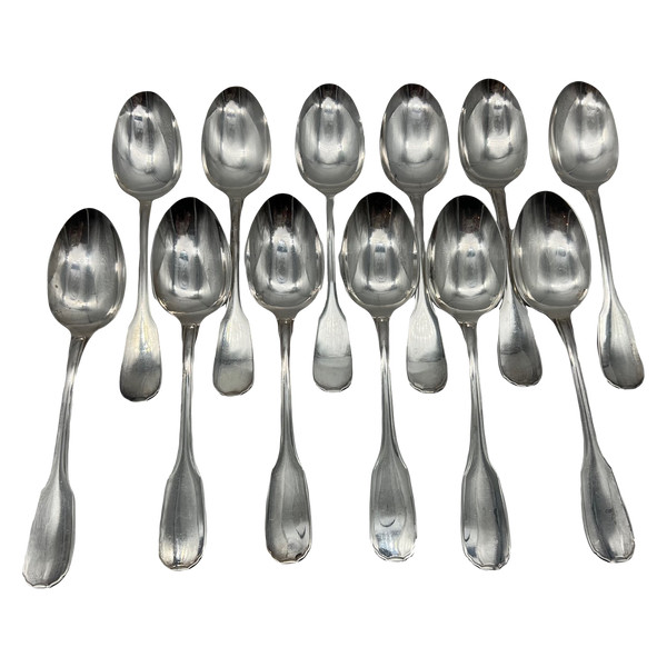 12 Christofle soup spoons, Versailles or Dupleix model, in silver-plated metal