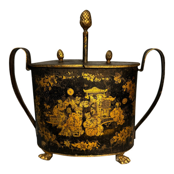 Egg maker in black and gold Chinese painted sheet metal, 19th century