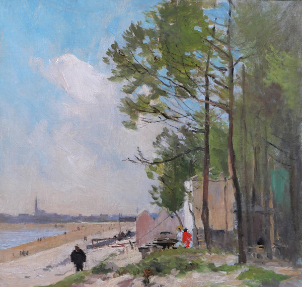 Pierre VAUTHIER 1845-1916 Paysage de plage animée, Bretagne ?, tableau, vers 1890-95