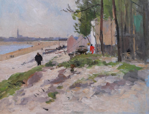 Pierre VAUTHIER 1845-1916 Paysage de plage animée, Bretagne ?, tableau, vers 1890-95