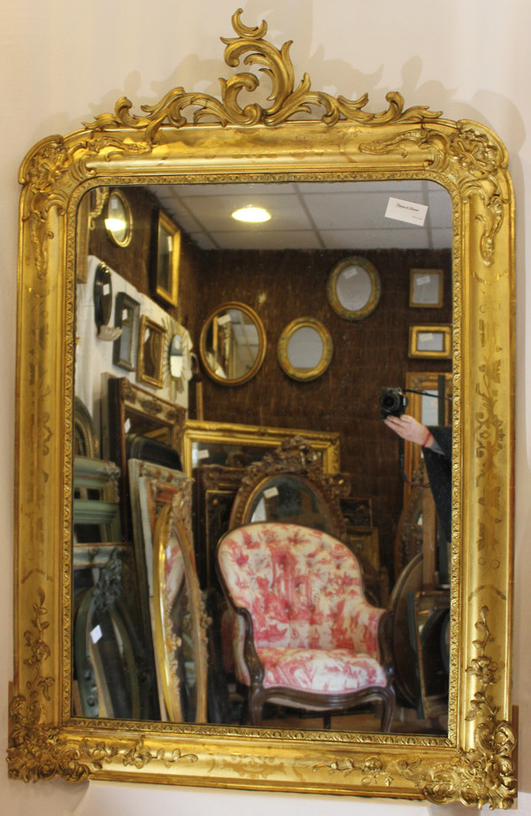 Miroir Ancien De Cheminée, Feuille d'Or Gravée 94 X 142 Cm