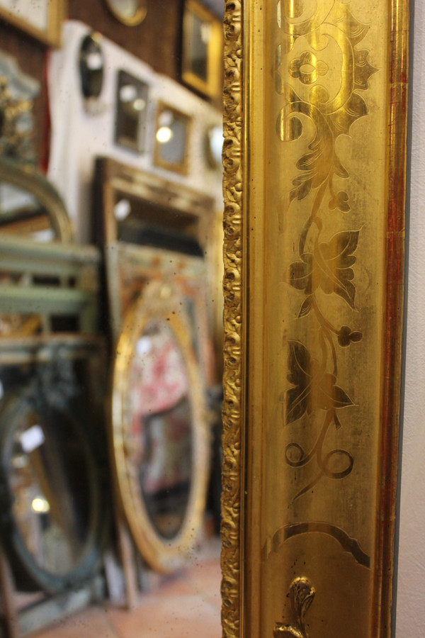 Miroir Ancien De Cheminée, Feuille d'Or Gravée 94 X 142 Cm