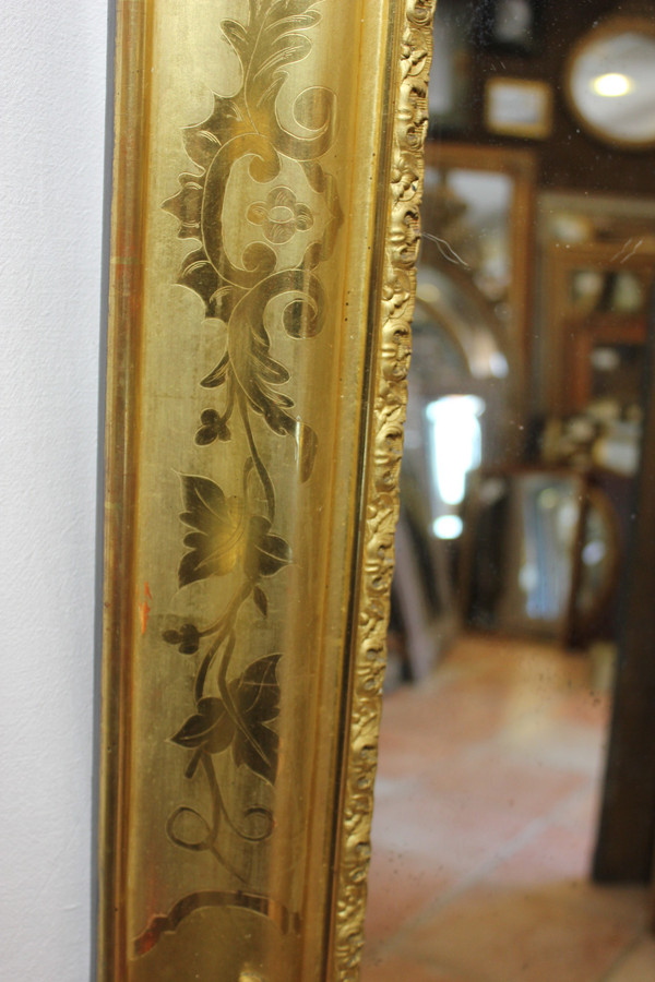 Miroir Ancien De Cheminée, Feuille d'Or Gravée 94 X 142 Cm