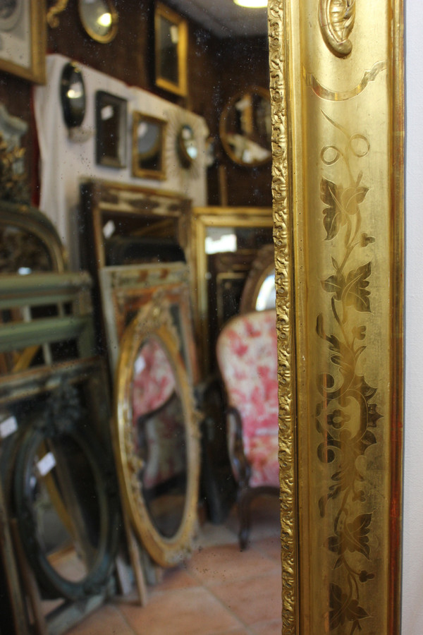 Miroir Ancien De Cheminée, Feuille d'Or Gravée 94 X 142 Cm