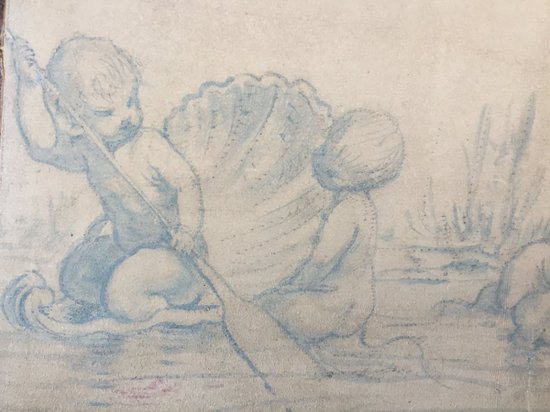 Little Newts. Study in Blue Lavis on Canvas. XIXth.