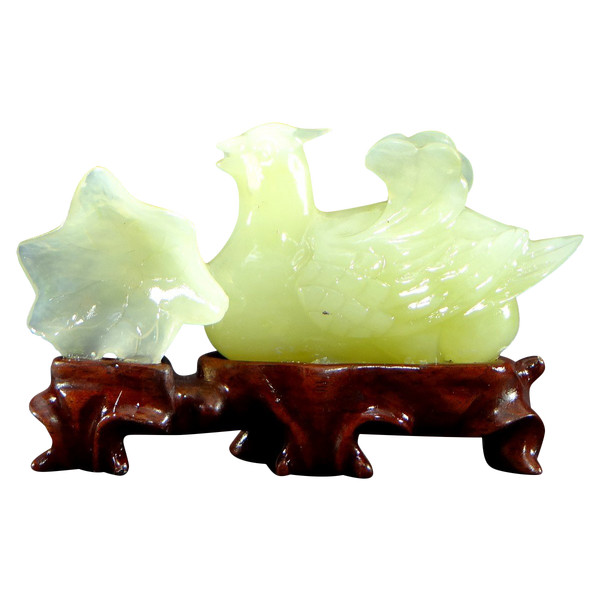 China, 1950s/1960s, Jade Duck And Flower Sculpture.